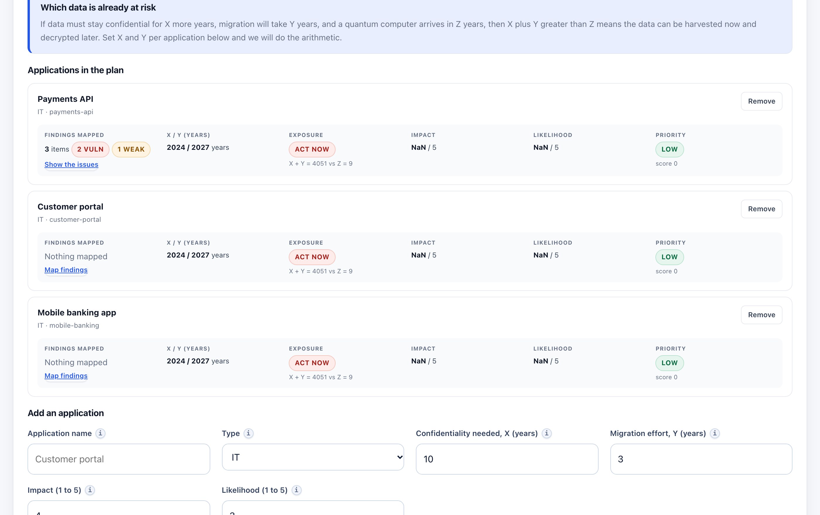Applications in the plan, each with a repository scope, impact and likelihood.